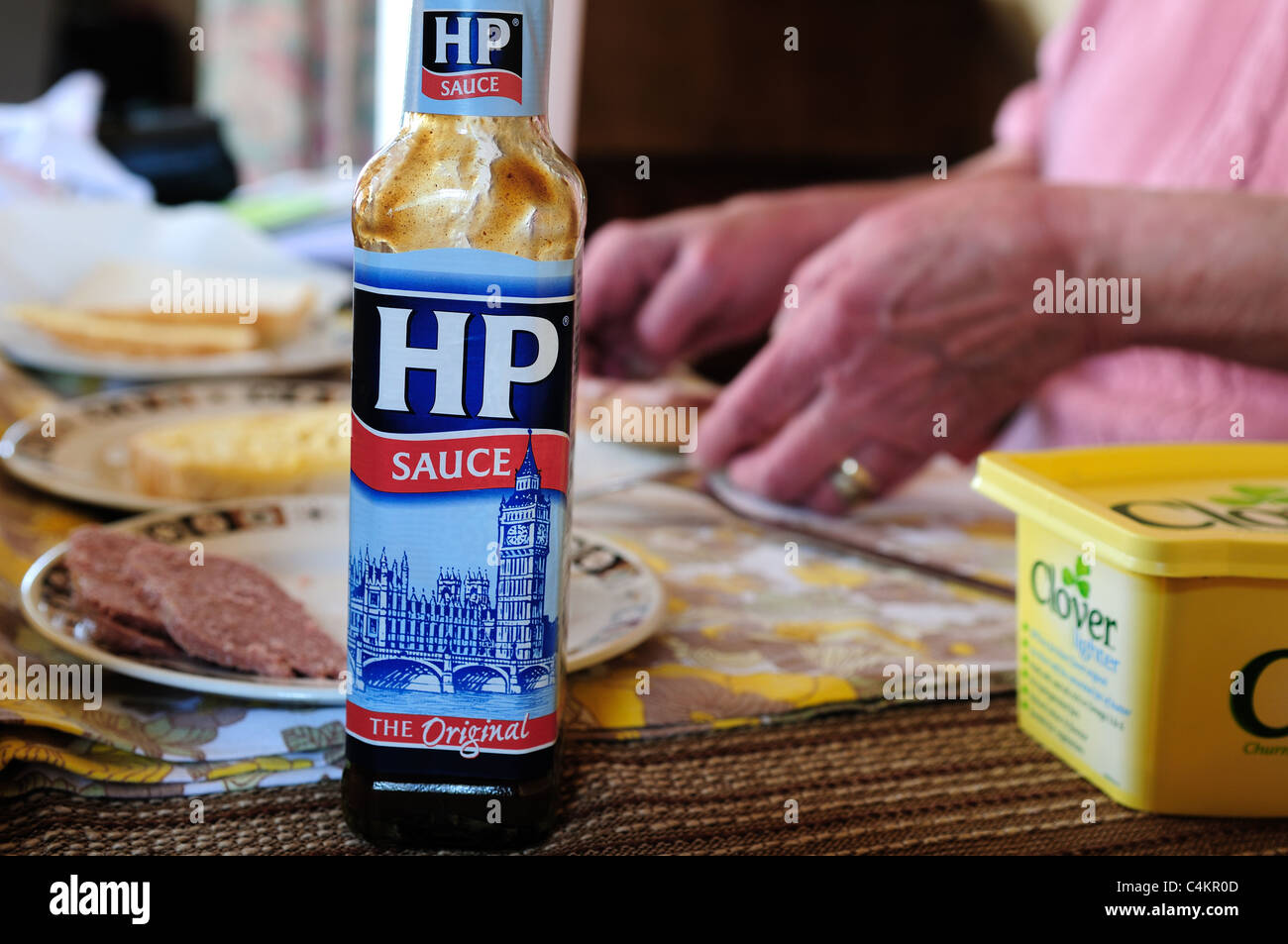 Corned Beef Sandwich and HP Sauce made by Elderly Person Stock Photo