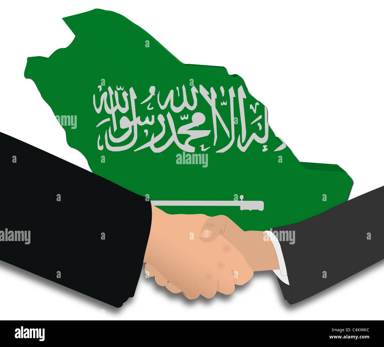 people shaking hands with Saudi Arabia map flag illustration Stock Photo
