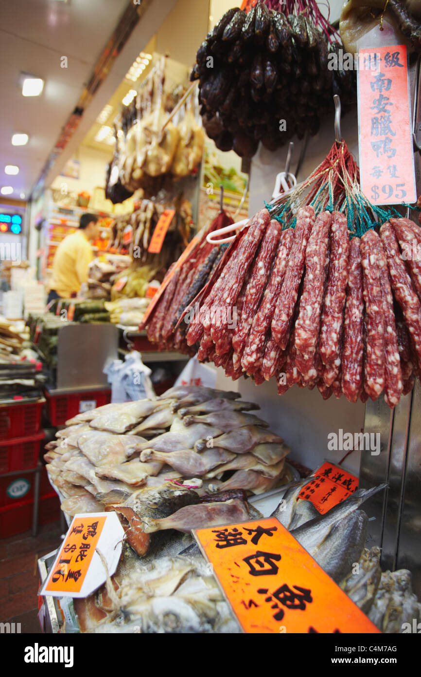 Dried Chinese sausages for sale, Causeway Bay, Hong Kong, China Stock