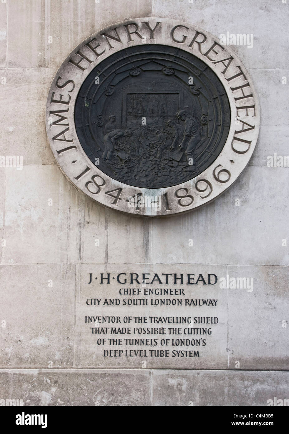 Memorial plaque to James Henry Greathead inventor of the Greathead tunneling shield Cornhill London England Europe Stock Photo