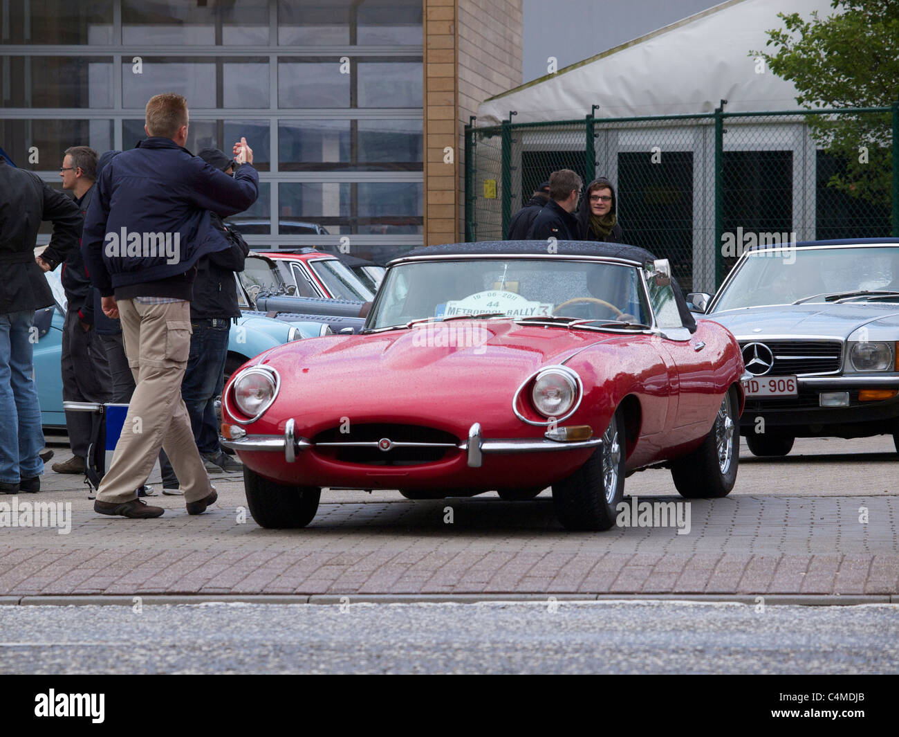 Red Jaguar E Type At The Start Of A Classic Car Rallye In Antwerp Belgium Stock Photo Alamy