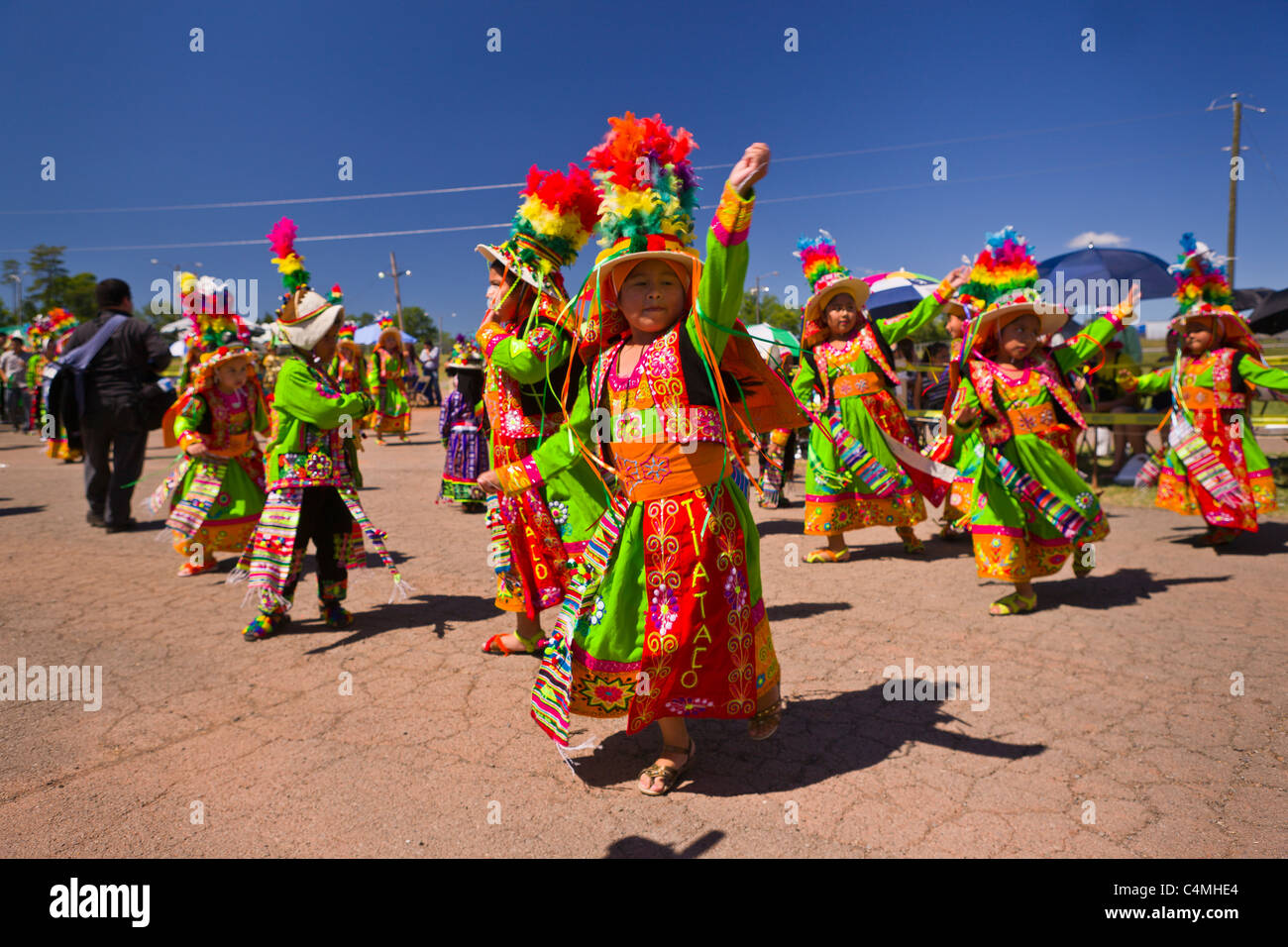 MANASSAS, VIRGINIA, USA - Bolivian folklife festival parade with dancers in costume. Stock Photo