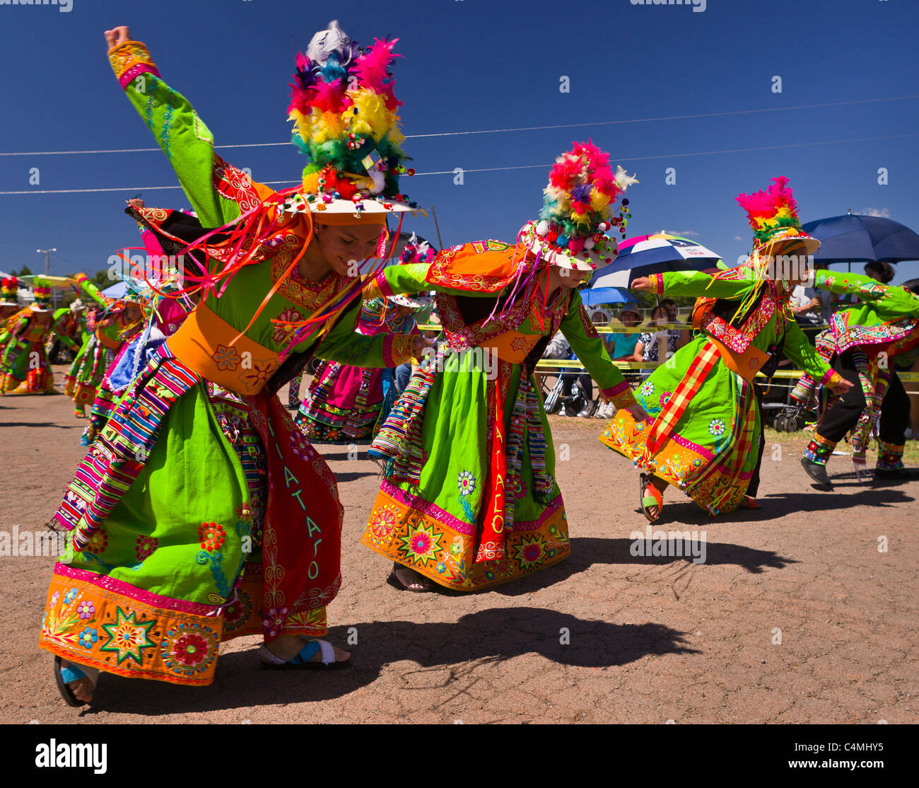 MANASSAS, VIRGINIA, USA - Bolivian folklife festival parade with dancers in costume. Stock Photo