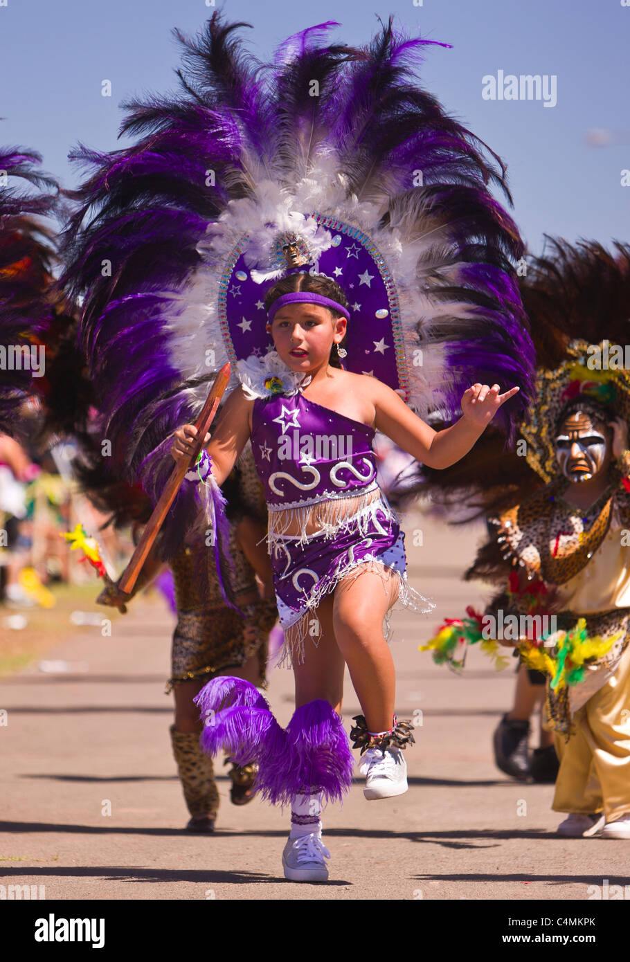 MANASSAS, VIRGINIA, USA - Children during Bolivian folklife festival parade with dancers in costume. Stock Photo
