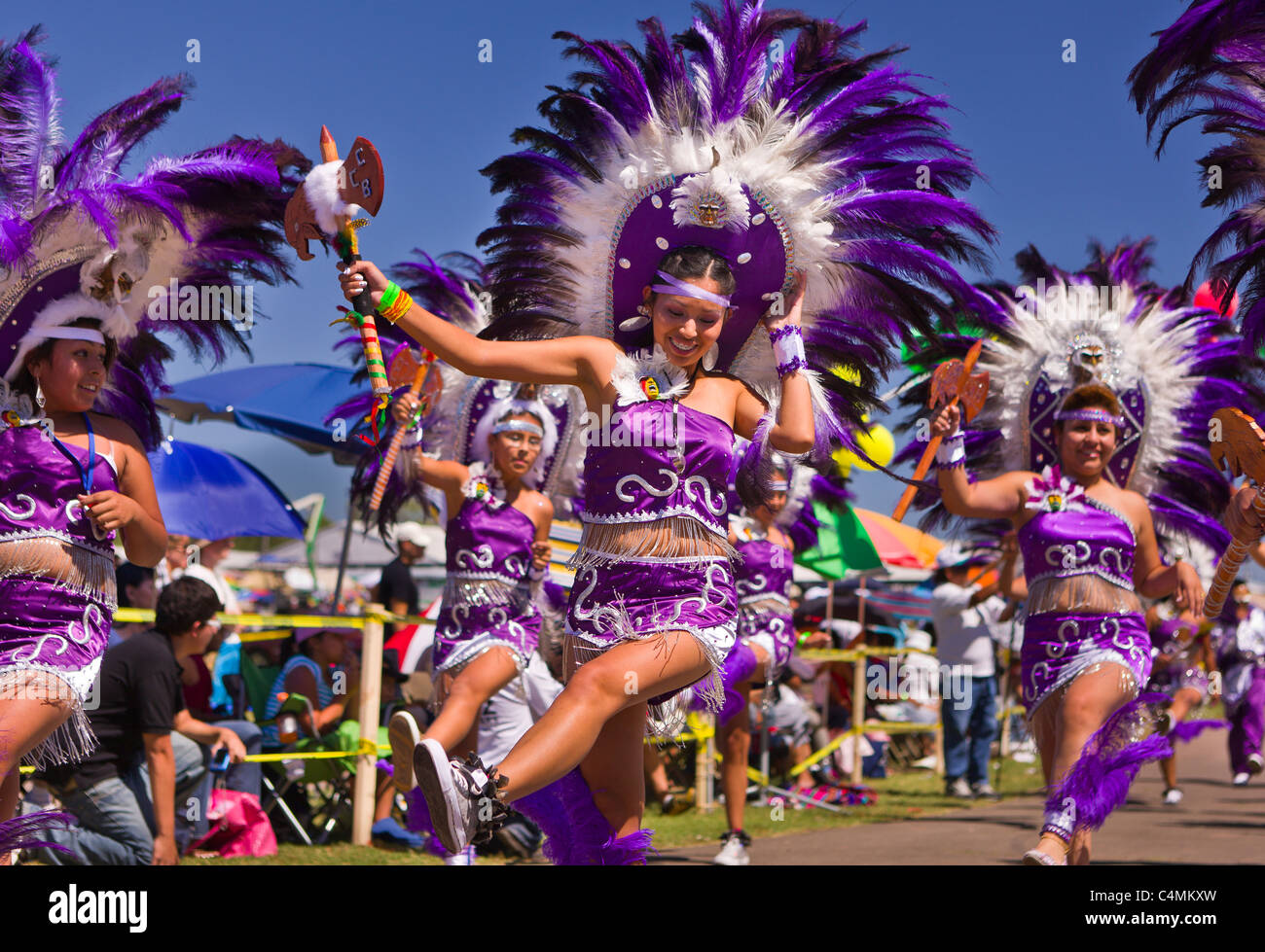 MANASSAS, VIRGINIA, USA - Women in Bolivian folklife festival parade with dancers in costume. Stock Photo