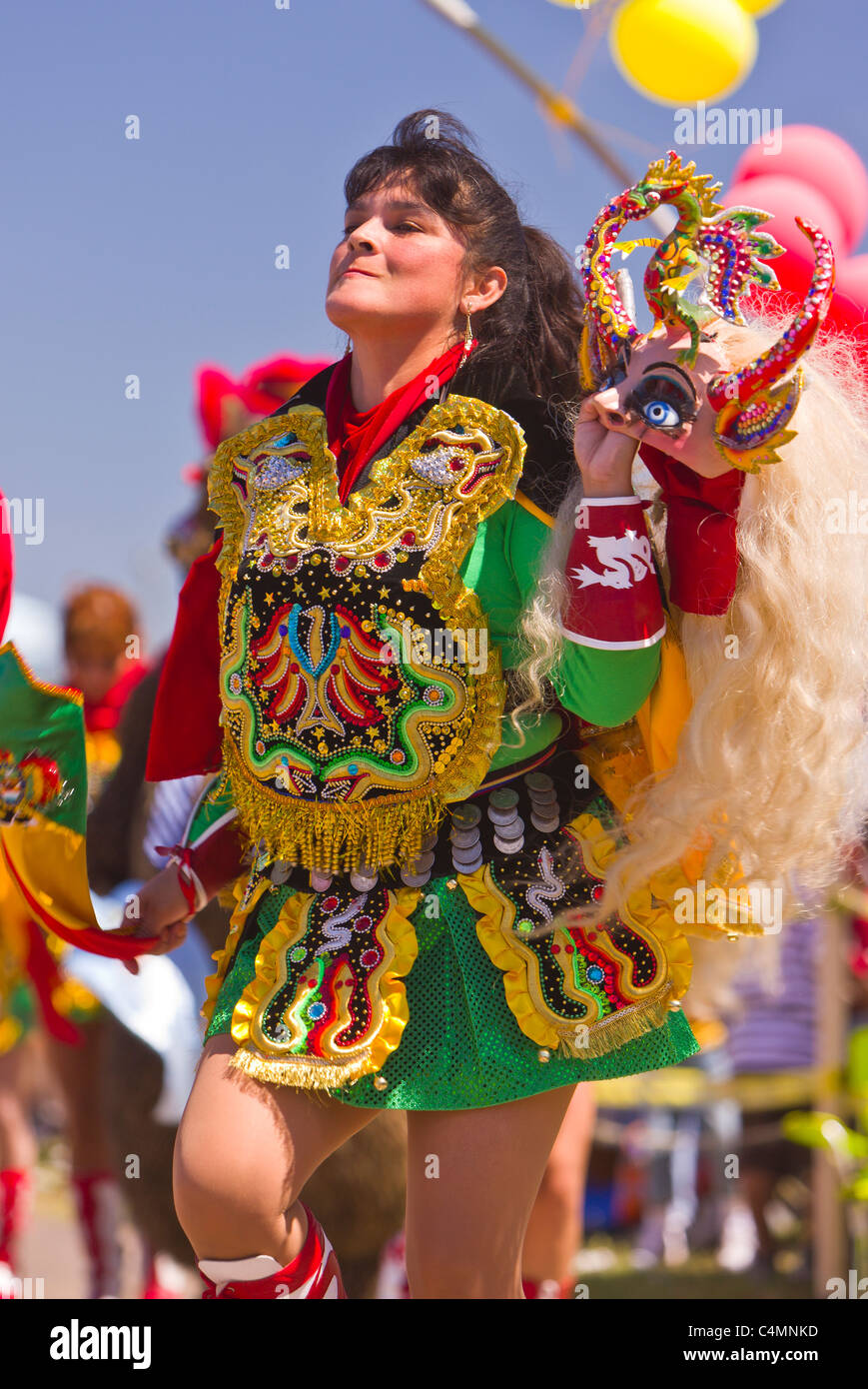 MANASSAS, VIRGINIA, USA - Bolivian folklife festival parade with dancers in costume. Stock Photo