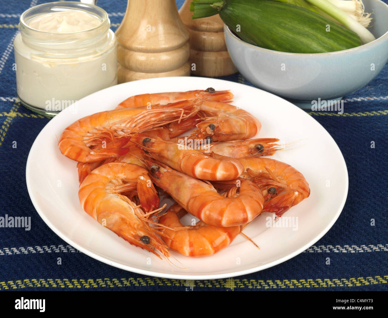 Healthy Fresh Cooked Prawns With Their Shells On In A Bowl With Mayonnaise On A Table Top and No