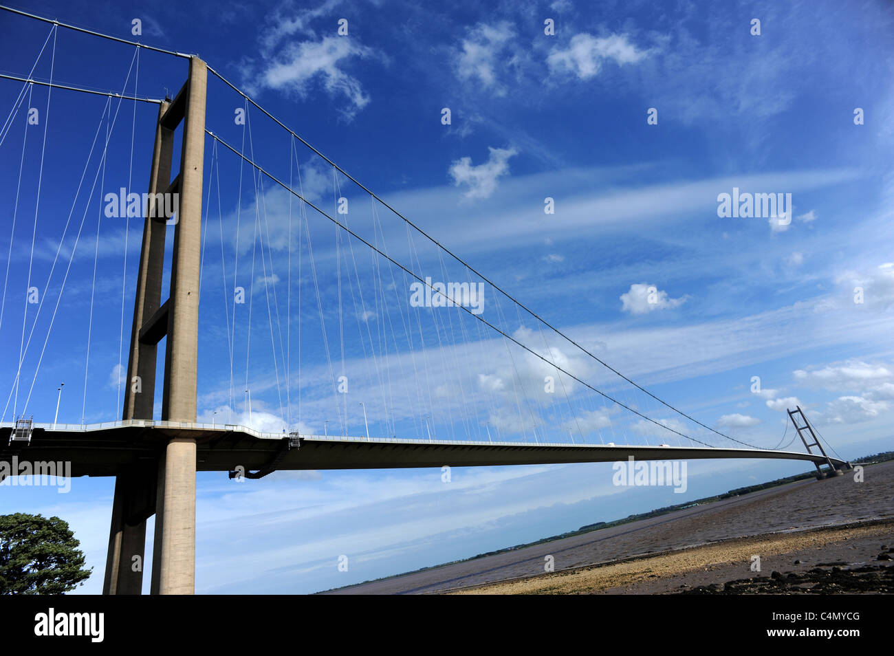 The Humber Bridge the 5th largest single span suspension bridge in the world, from the north shore at Hessle Stock Photo