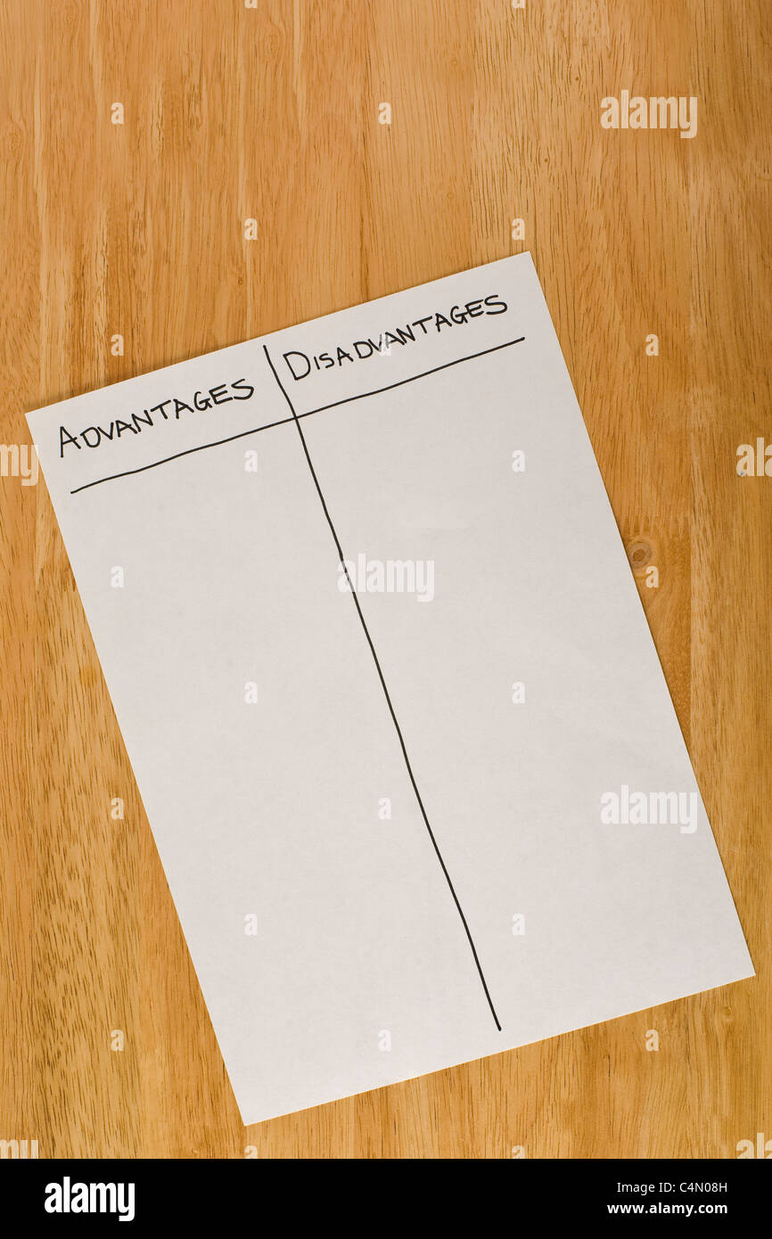 Blank list of advantages and disadvantages lying on a meeting table Stock Photo