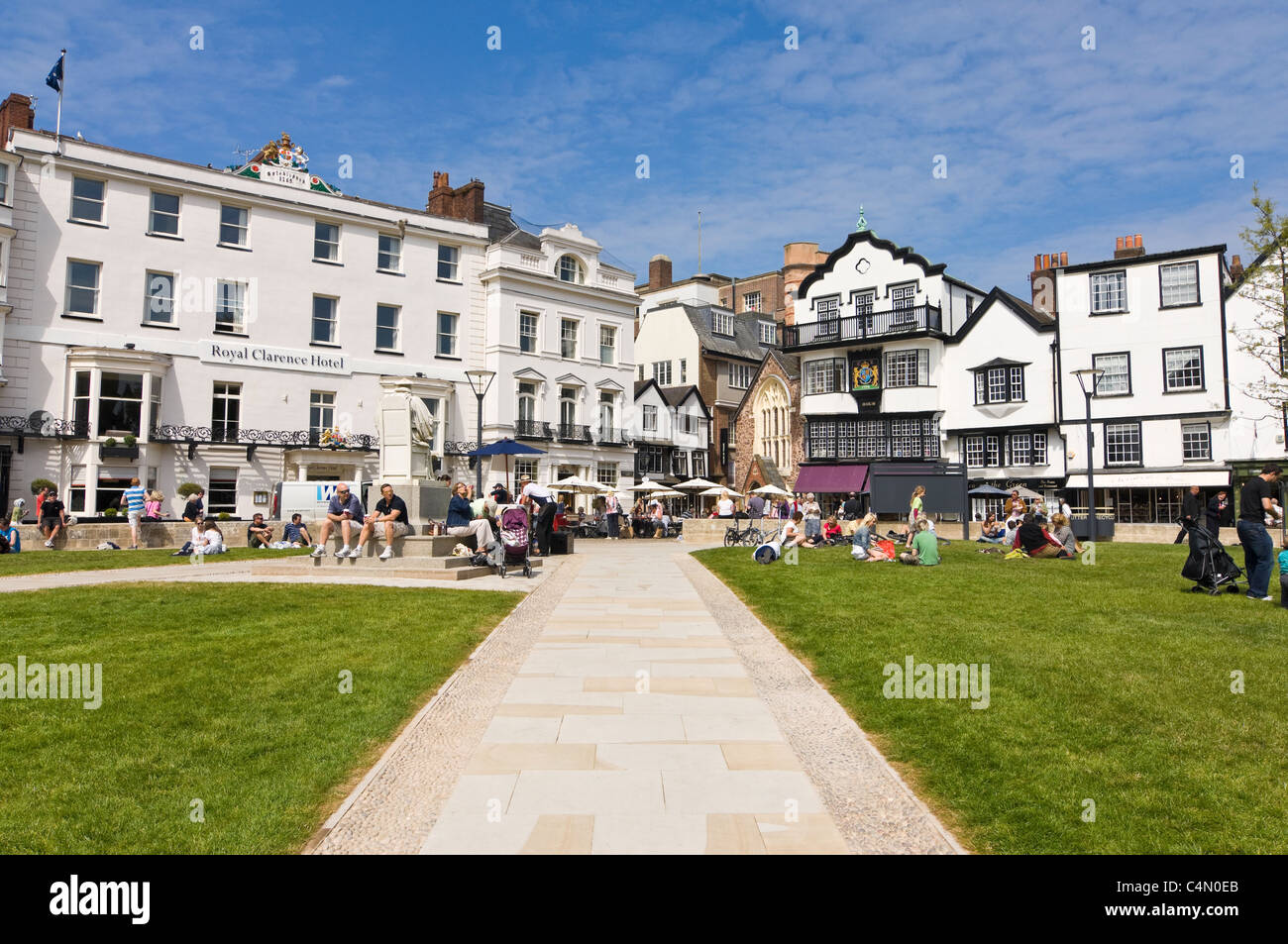 Horizontal wide angle view of Exeter's Cathderal Yard or Green, following redevelopment, on a bright sunny day. Stock Photo