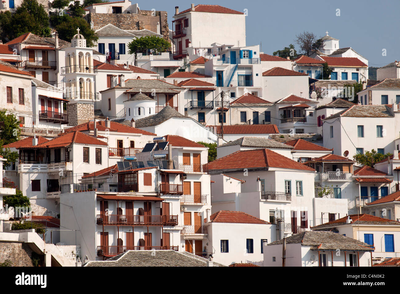 typical white buildings and church in Skopelos Town, Skopelos Island, Northern Sporades, Greece Stock Photo