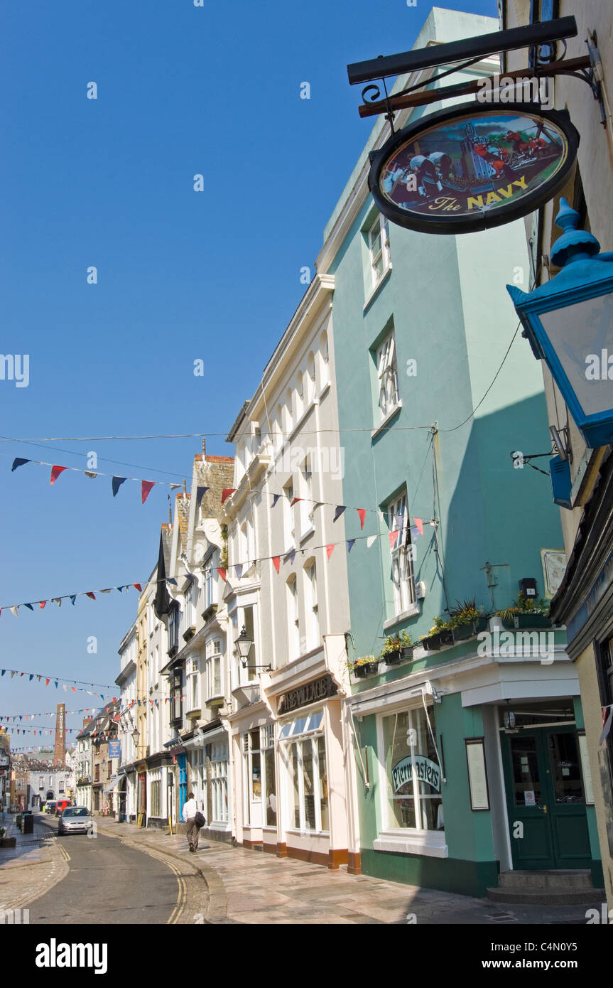 Vertical wide angle view of the old buildings along Southside Street at the Barbican in Plymouth on a sunny day. Stock Photo
