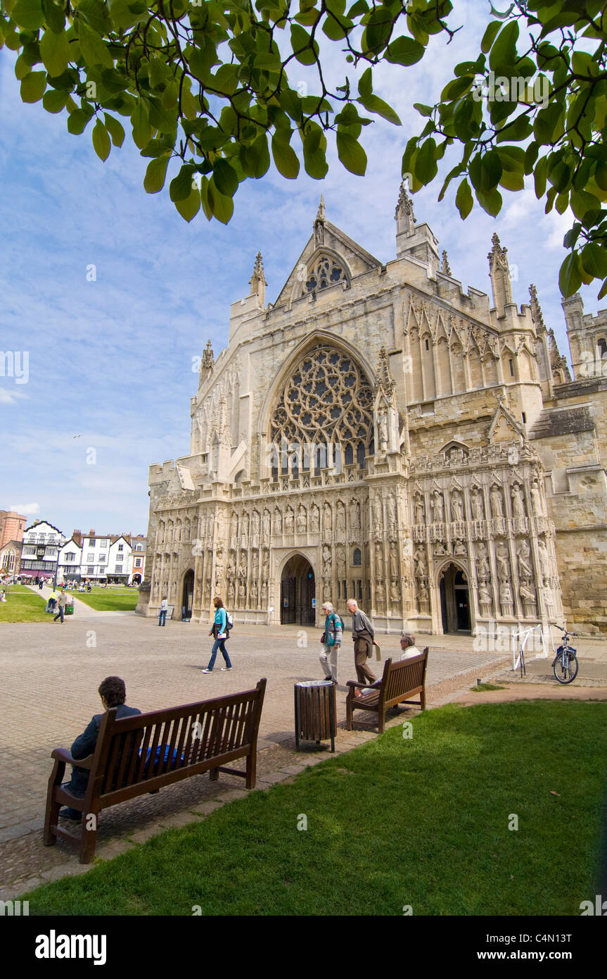 Vertical wide angle view of Exeter Cathedral and Cathedral Square on a sunny day. Stock Photo