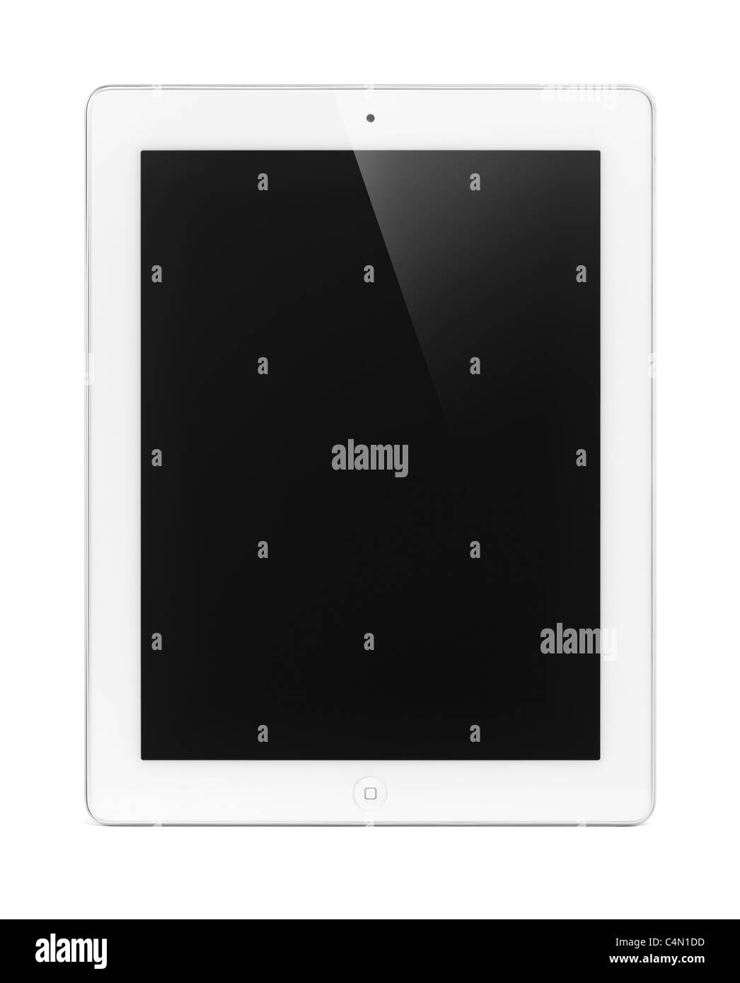 White Apple iPad 2 tablet computer with blank display. Isolated with clipping path on white background. Stock Photo
