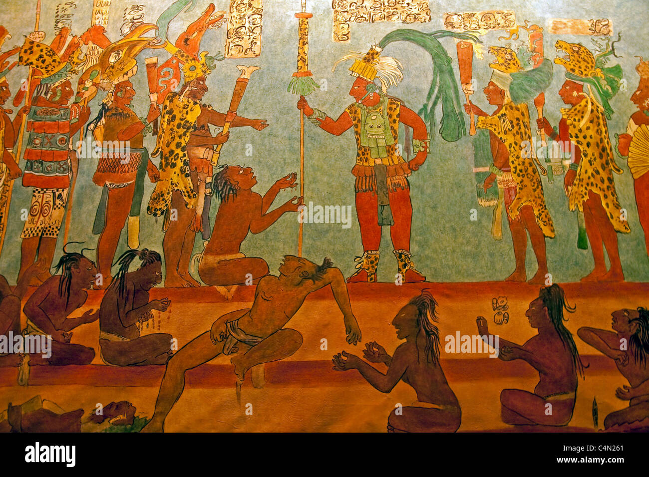 Mural depicting Mayan mythology at Antigua's Casa Santa Domingo Convent is replica of Bonampak mural Stock Photo