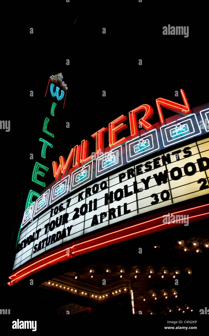The Wiltern Theatre on Wilshire Blvd in Los Angeles, California, USA - AT NIGHT Stock Photo