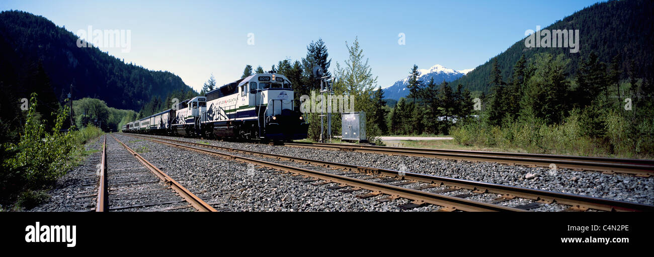 'Whistler Mountaineer' Train travelling to Whistler from Vancouver, BC, British Columbia, Canada - Panoramic View Stock Photo