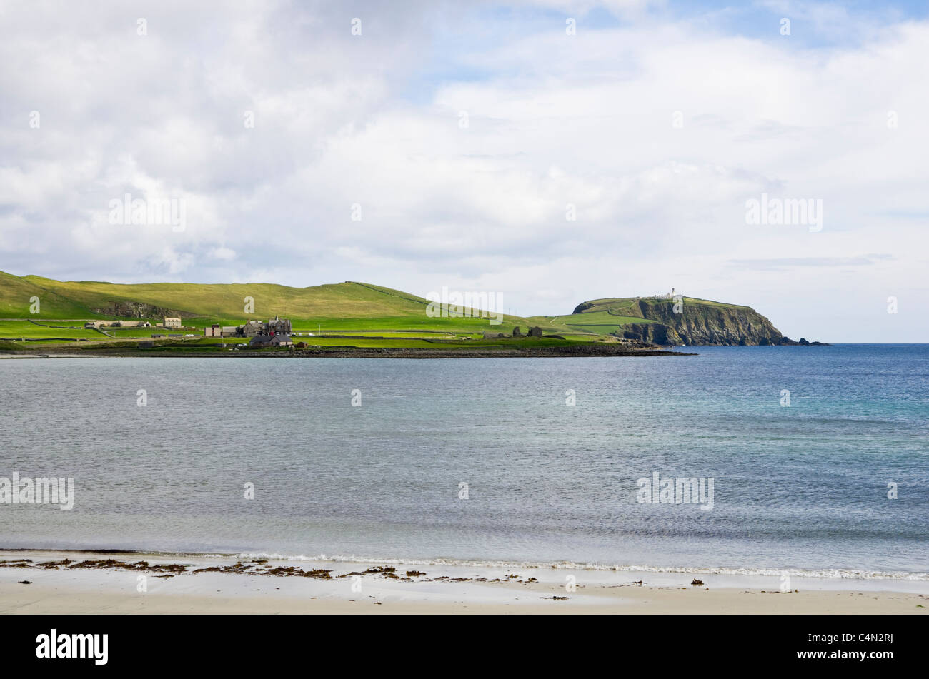 Sumburgh, Shetland Islands, Scotland, UK. View across West Voe bay to Sumburgh Head Stock Photo