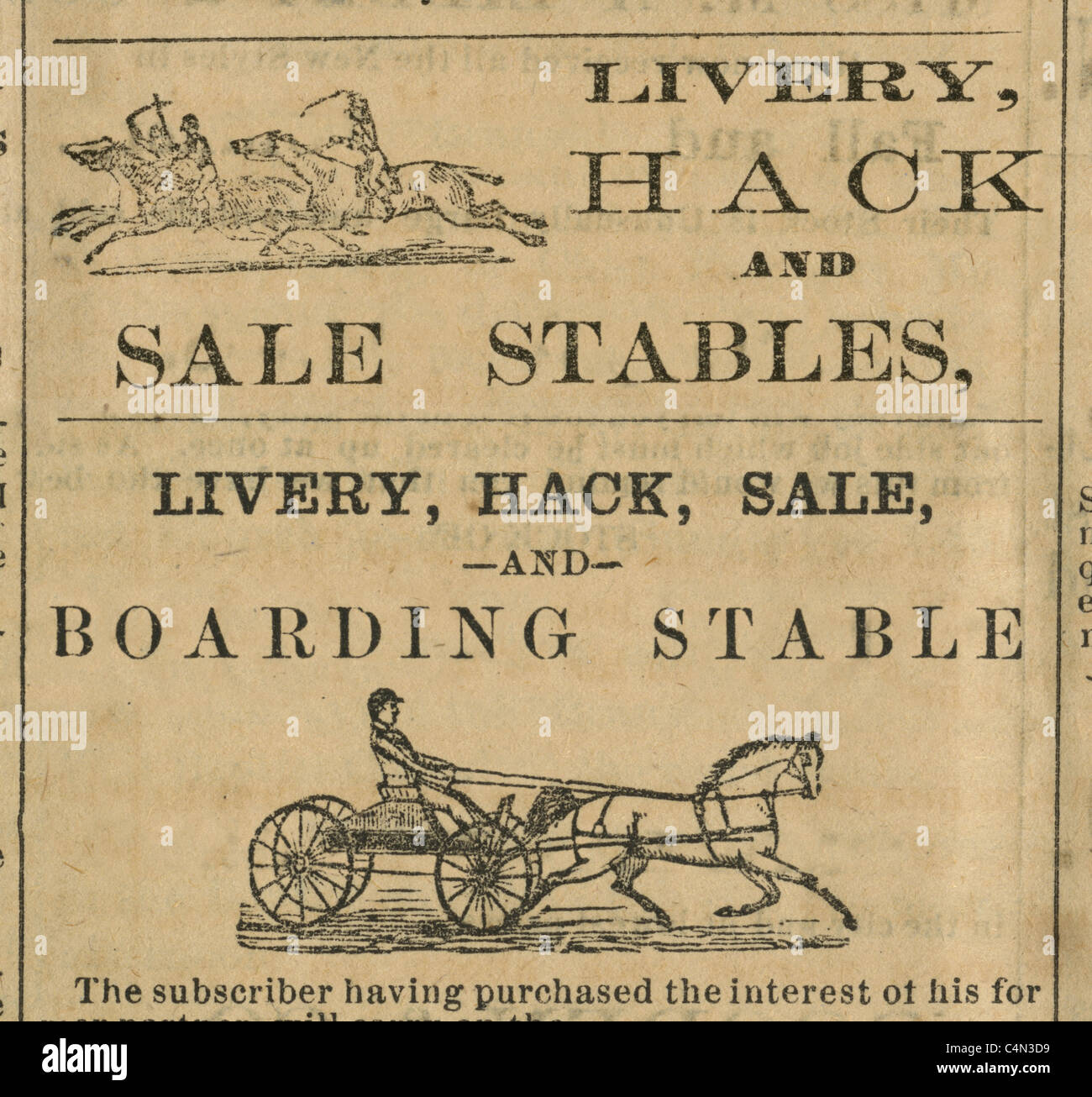 Detail from two 1875 engravings of Livery Hack Stables advertisements from the Kennebec Reporter of Gardiner, Maine, USA. Stock Photo