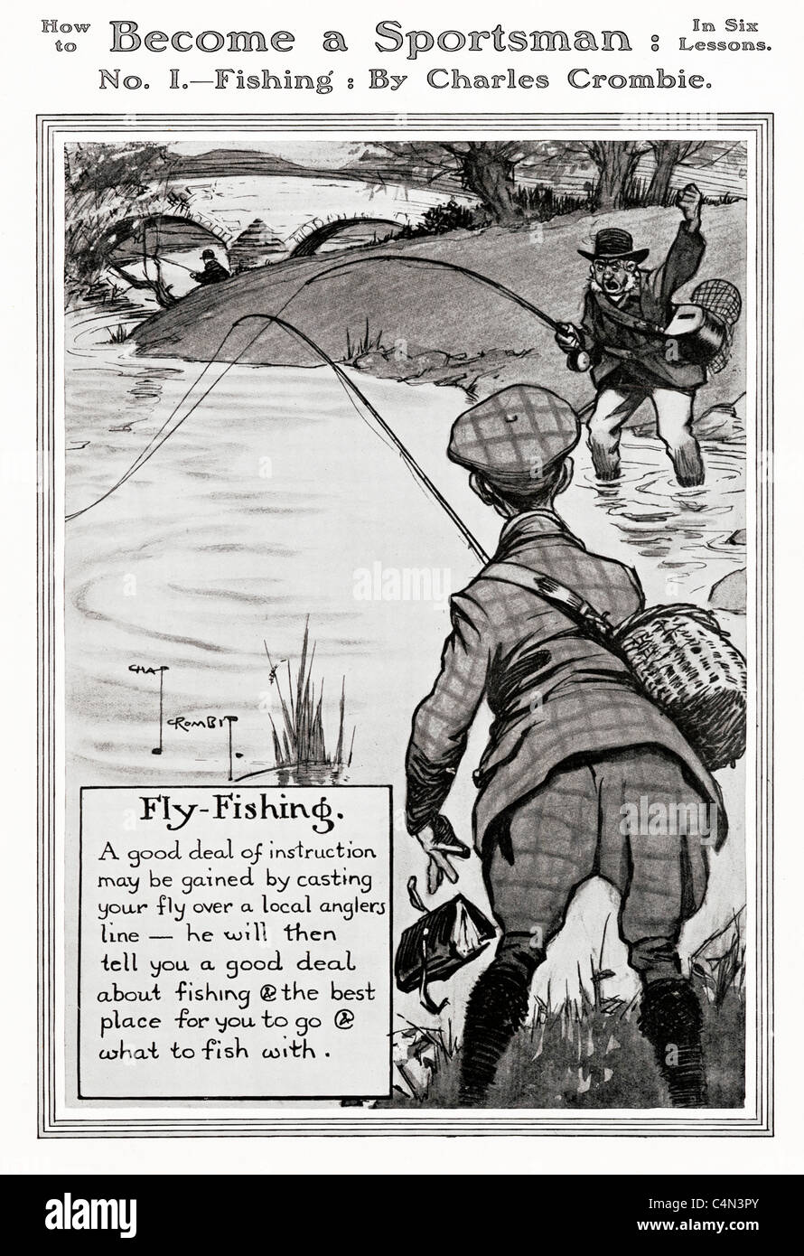 Become a Sportsman, Fishing, Edwardian advice for the fly-fisher, upset another angler and he will tell you where to go Stock Photo