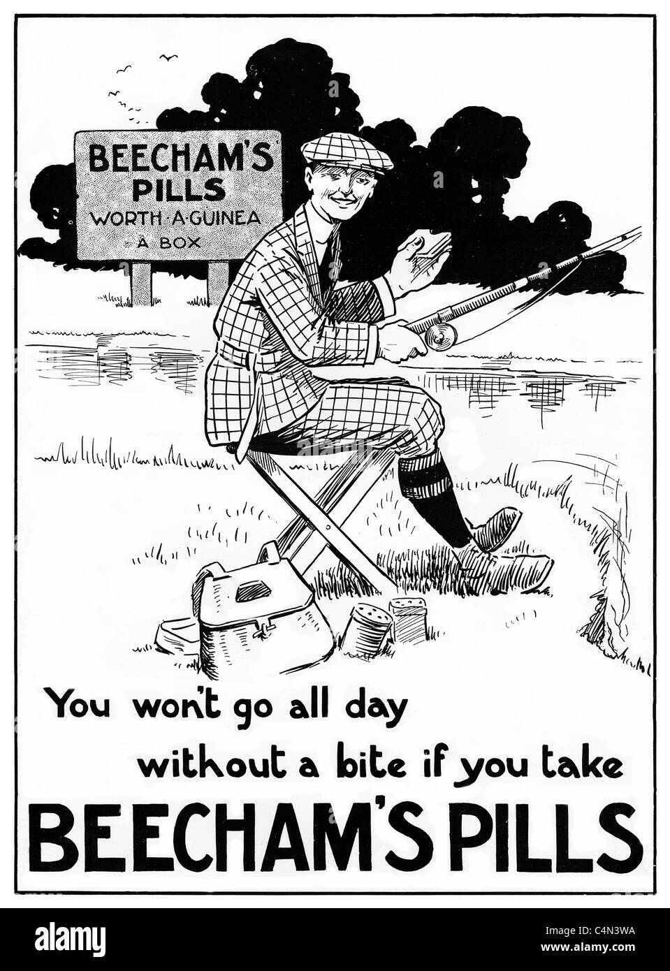 Beechams Pills Fishing Ad, Edwardian advertisement for the well-known patent medicine, an angler gets a bite Stock Photo