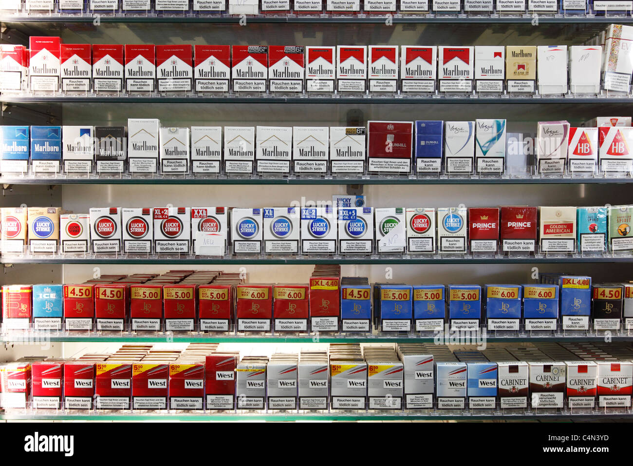 cigarettes shelf in a store Stock Photo