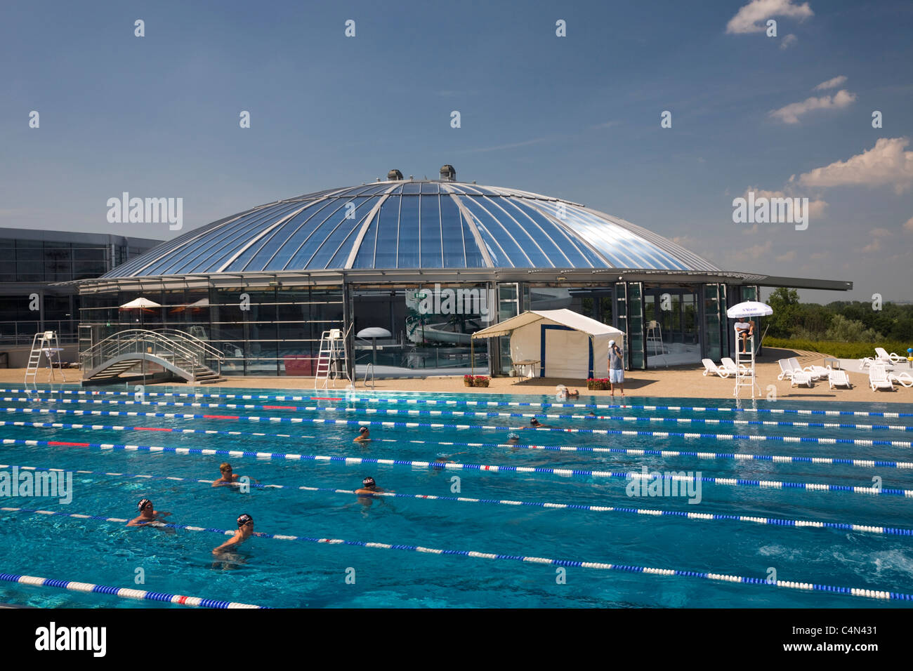 The outdoor Olympic stainless steel swimming pool of Vichy (France). Bassin olympique extérieur en inox de la piscine de Vichy. Stock Photo