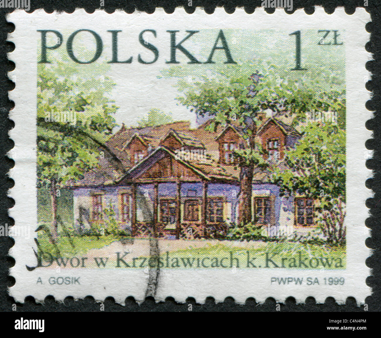 POLAND 1999: A stamp printed in the Poland, shows Krzeslawicach estate in Krakow Stock Photo