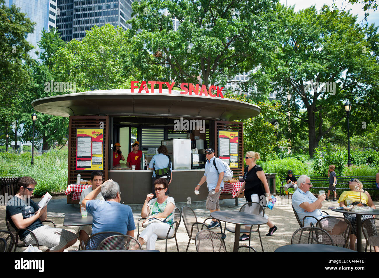 The Fatty Snack kiosk in the Battery Bosque section of Battery Park in Lower Manhattan in New York Stock Photo