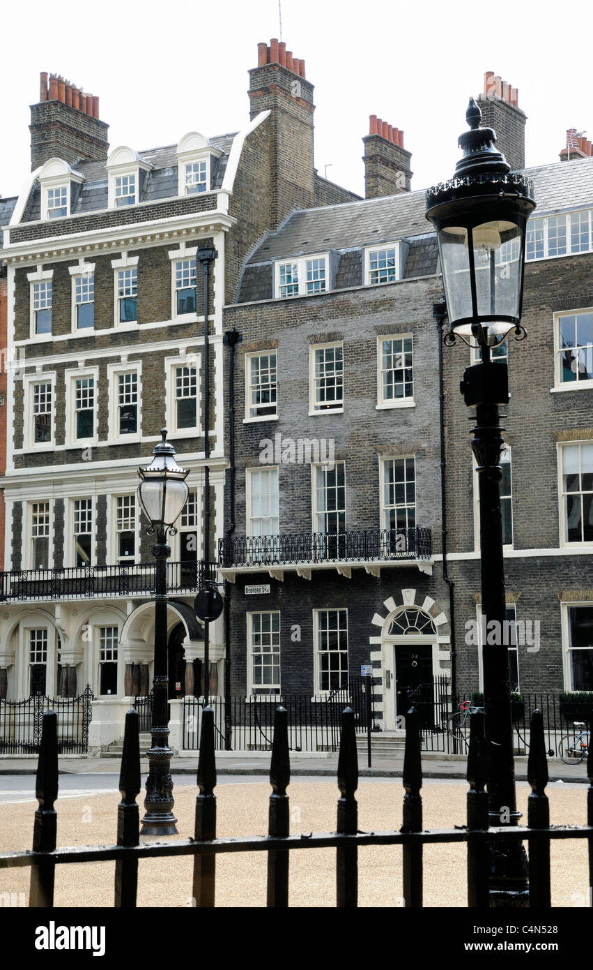 Bedford Square with railings, ornate lamppost and Georgian houses Bloomsbury WC1 London England UK Stock Photo