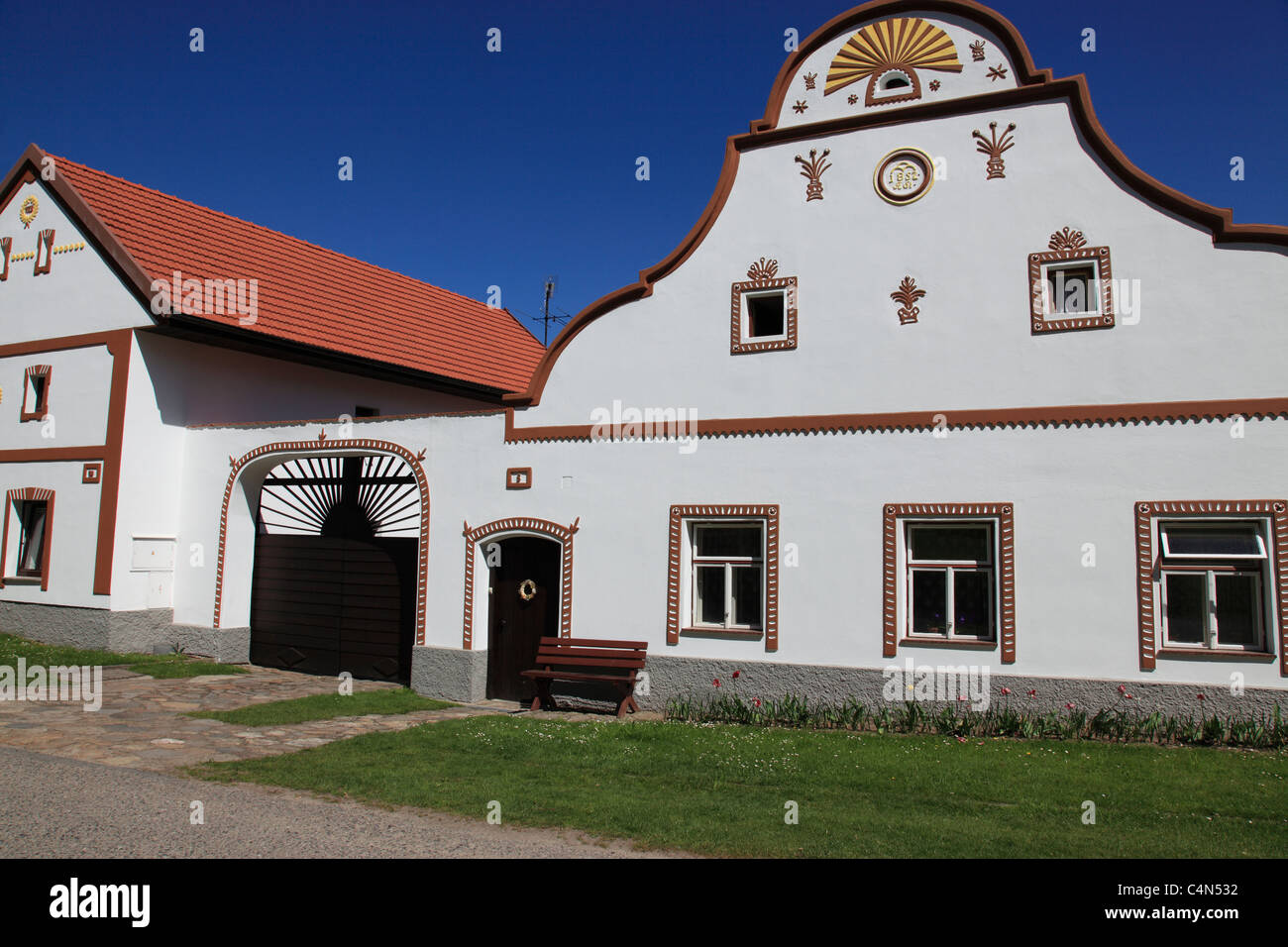 facade of houses at historical village of Holasovice Ceske Budejovice Czech Republic, Europe. Photo by Willy Matheisl Stock Photo
