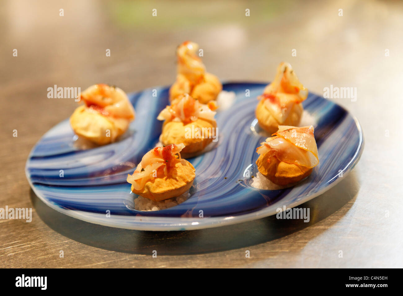 Mini Airbags Panceta, a famous tapa by Ferran Adria, at Tickets, Barcelona, Spain Stock Photo