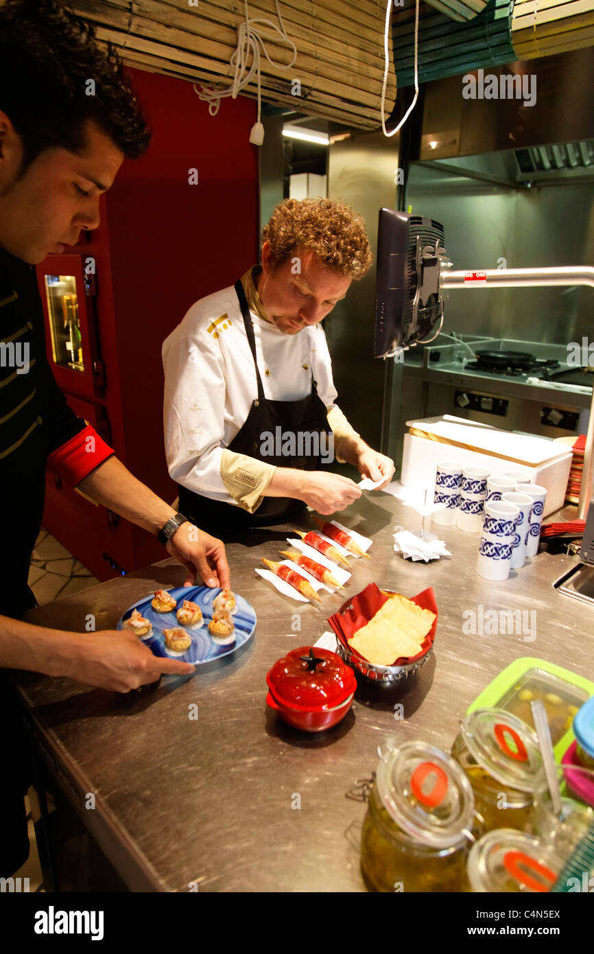 Albert Adria inspects tapas at Tickets in Barcelona, Spain. Stock Photo