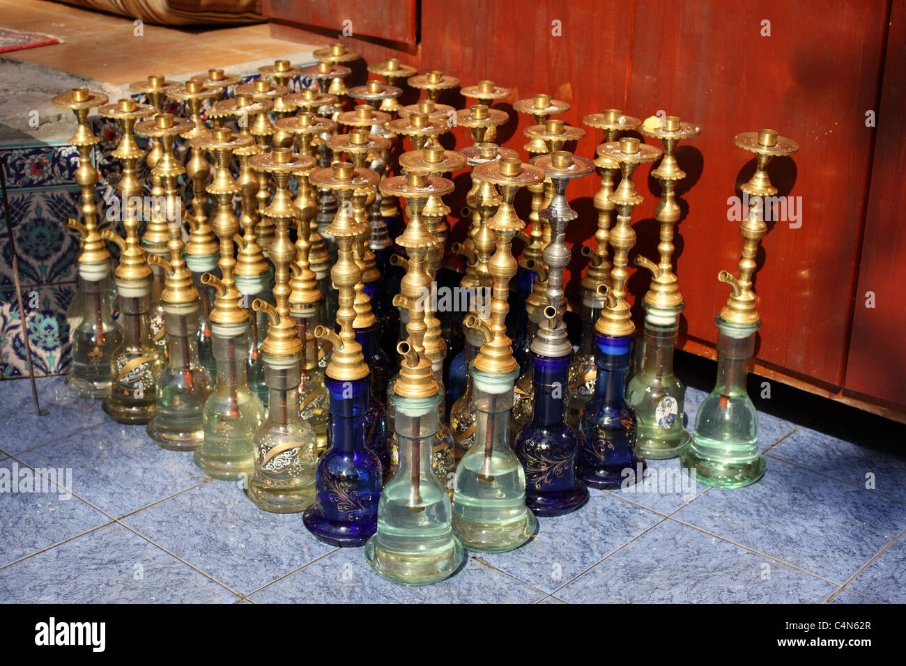 Turkish water pipes in front of a restaurant in Istanbul Stock Photo