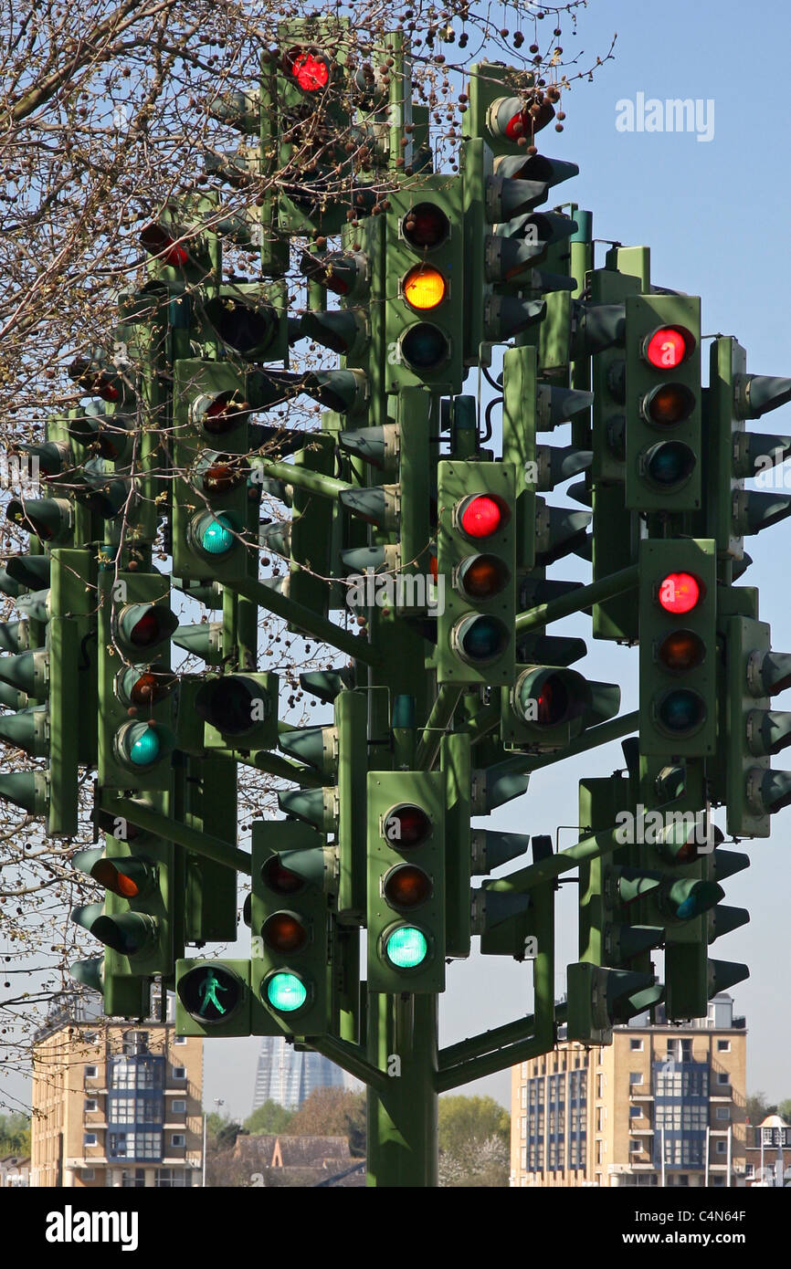 Pierre Vivant's 'Traffic Light tree' near Canary Wharf, London Stock Photo