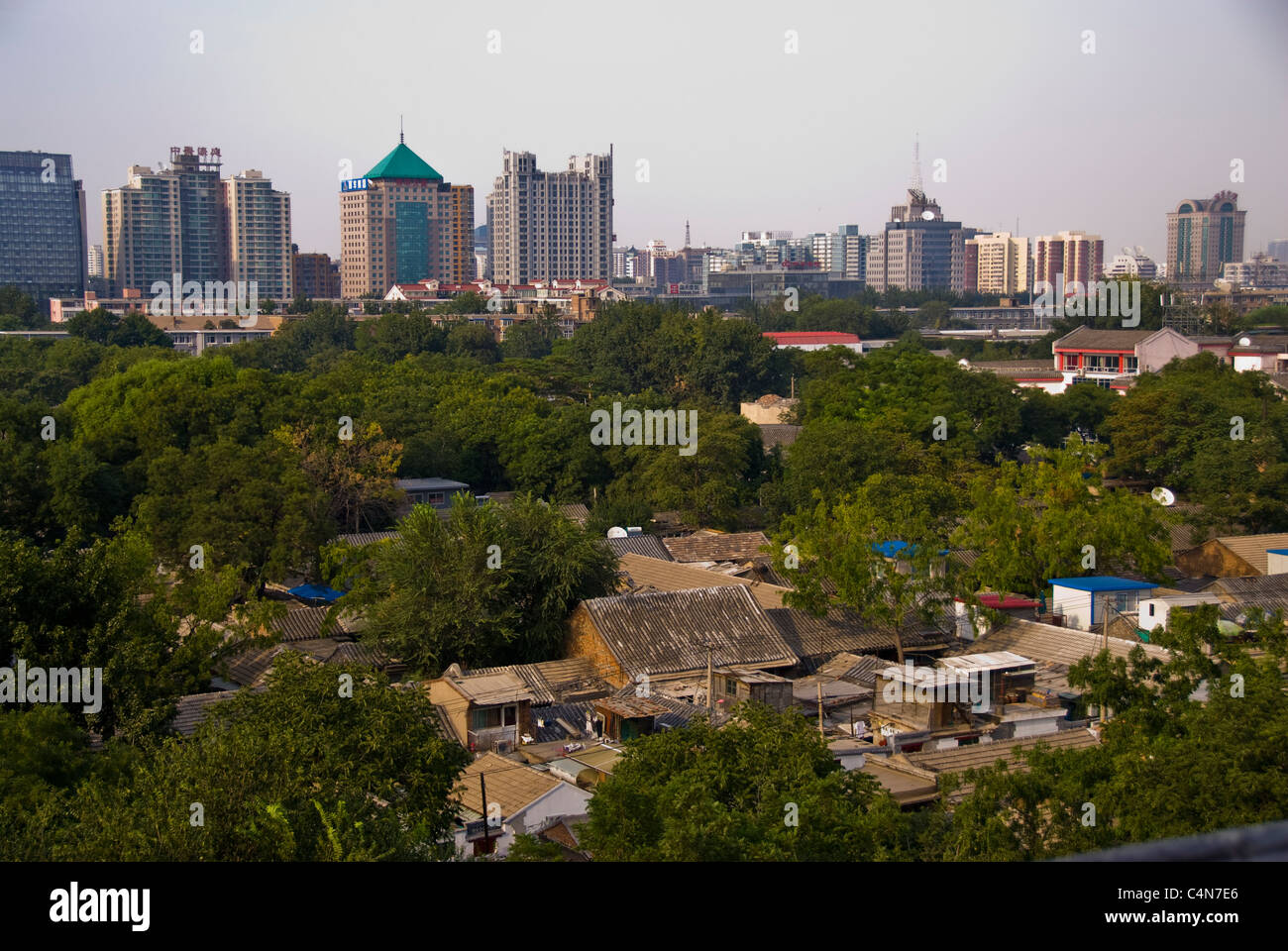 Beijing, China, Overview from Bell Tower, Old Hutong Neighborhood Contrast with New Architecture Stock Photo