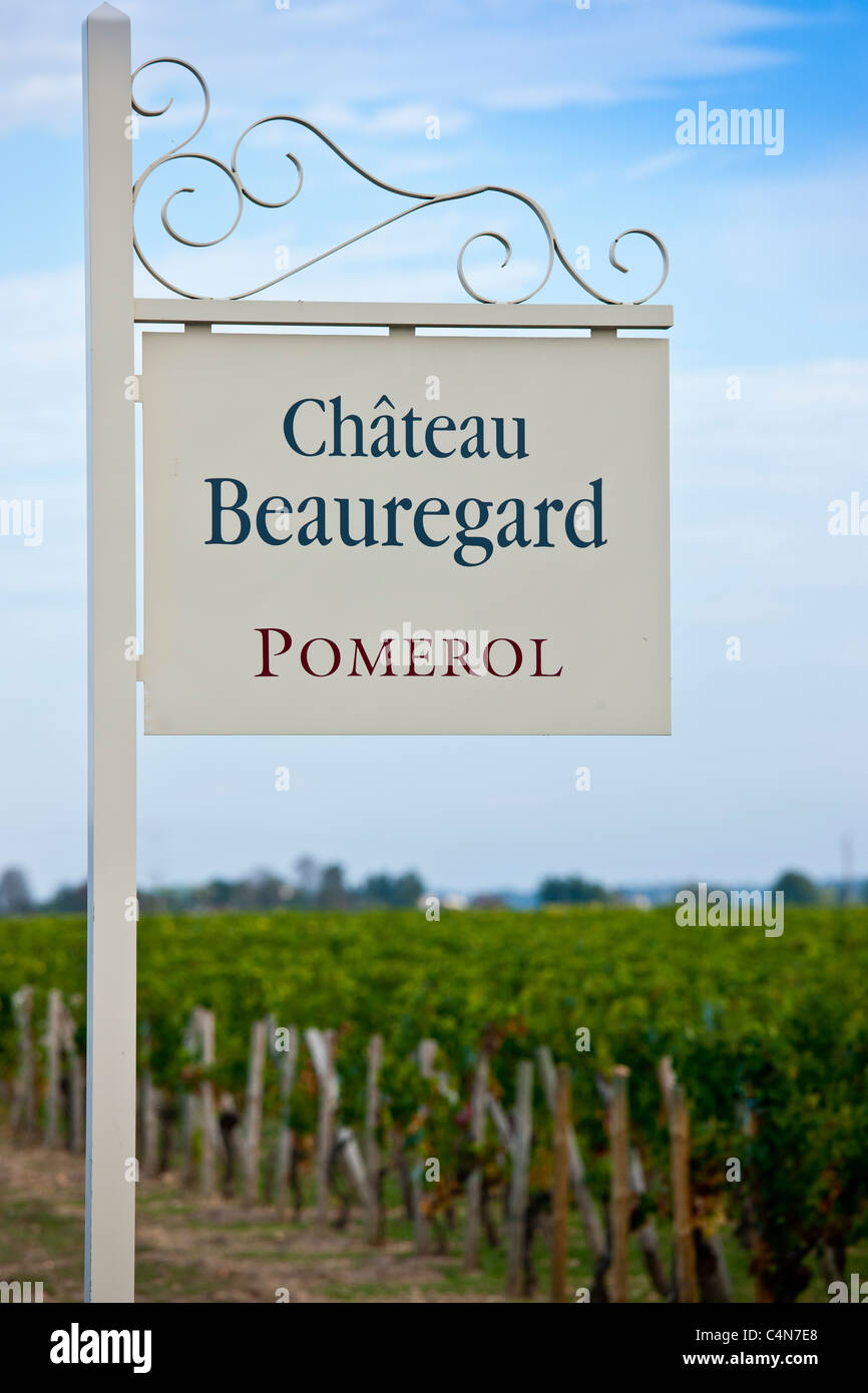 Sign for Chateau Beauregard wine estate above vines at Pomerol in the Bordeaux region of France Stock Photo