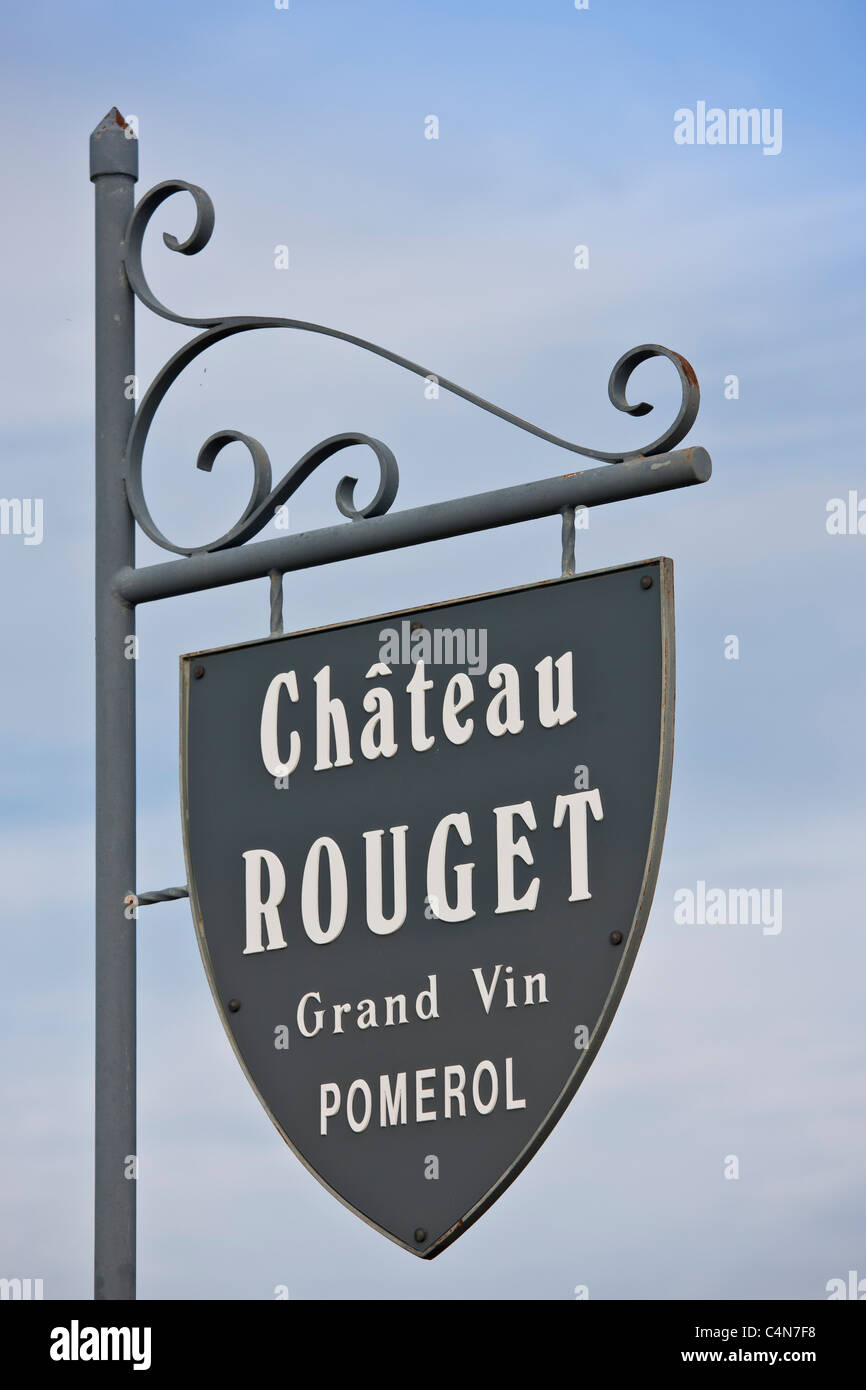 Chateau Rouget Grand Vin sign at Pomerol in the Bordeaux wine region of France Stock Photo