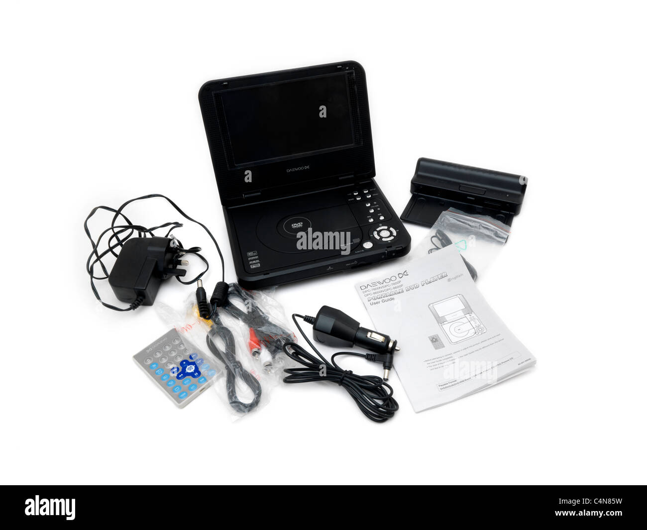Portable Daewoo DVD Player And Accessories - Charger, Car Charger, Remote  Control, Cables And Instruction Manual Stock Photo - Alamy