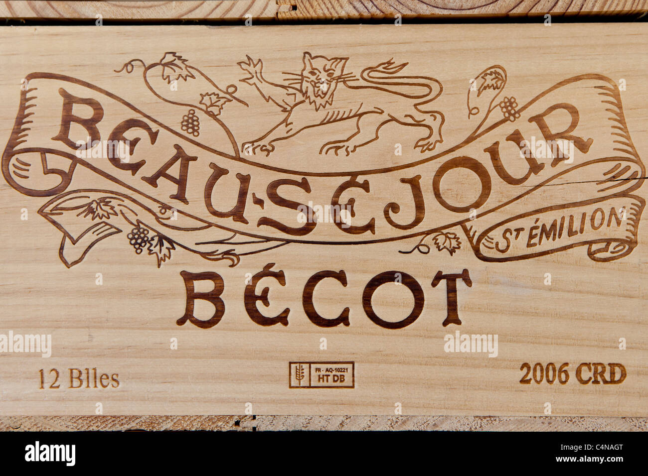 Case of Chateau Beau-Sejour Becot 2006 vintage wine at St Emilion in the Bordeaux wine region of France Stock Photo