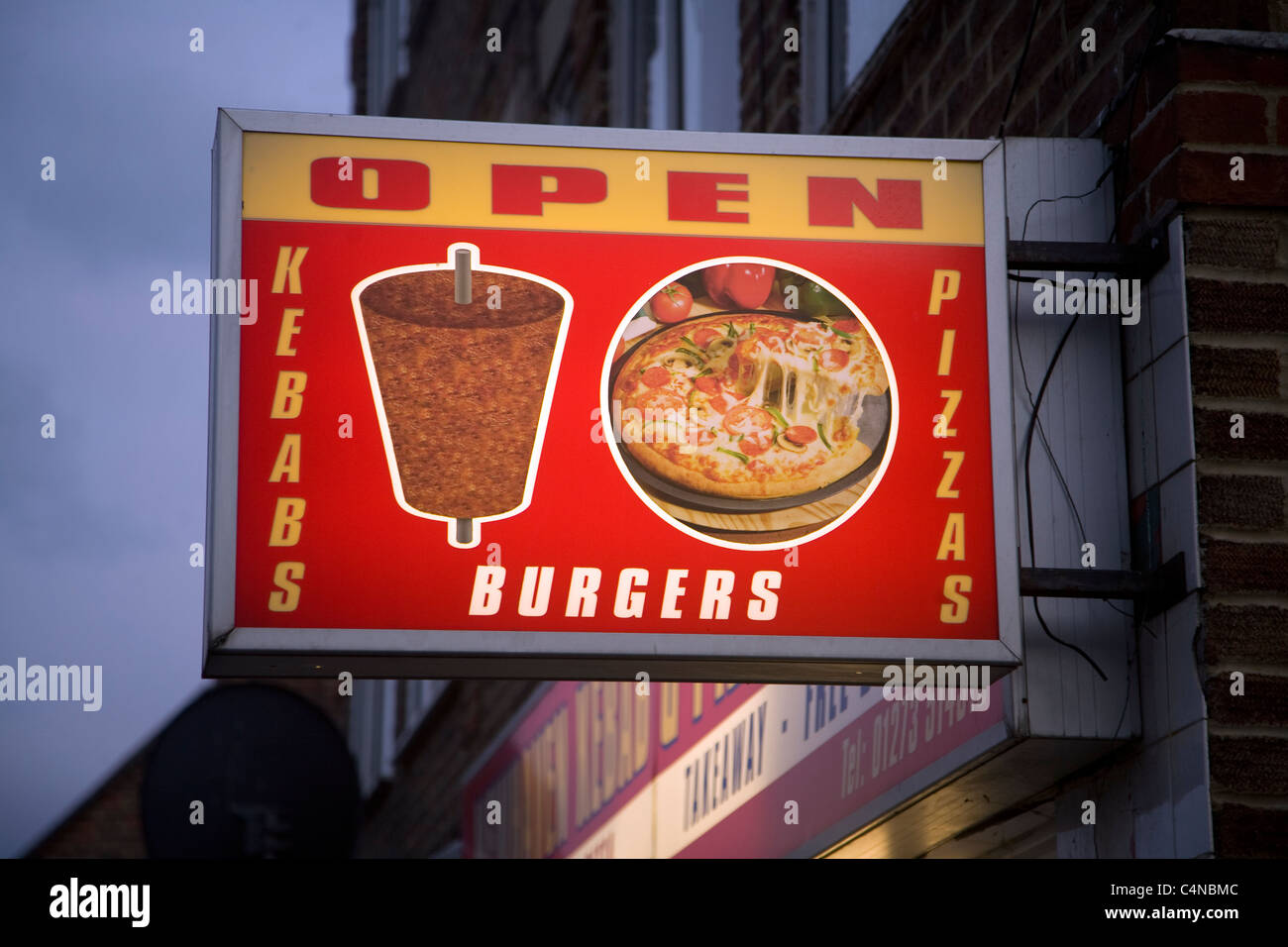 Open sign for fast food kebab burger and pizza take away Stock Photo