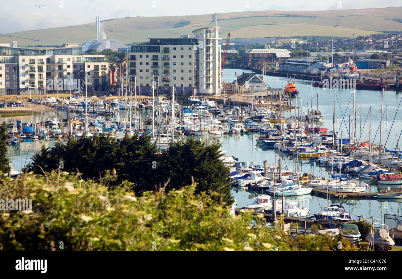 View over marina and harbour, Newhaven, East Sussex, England Stock Photo