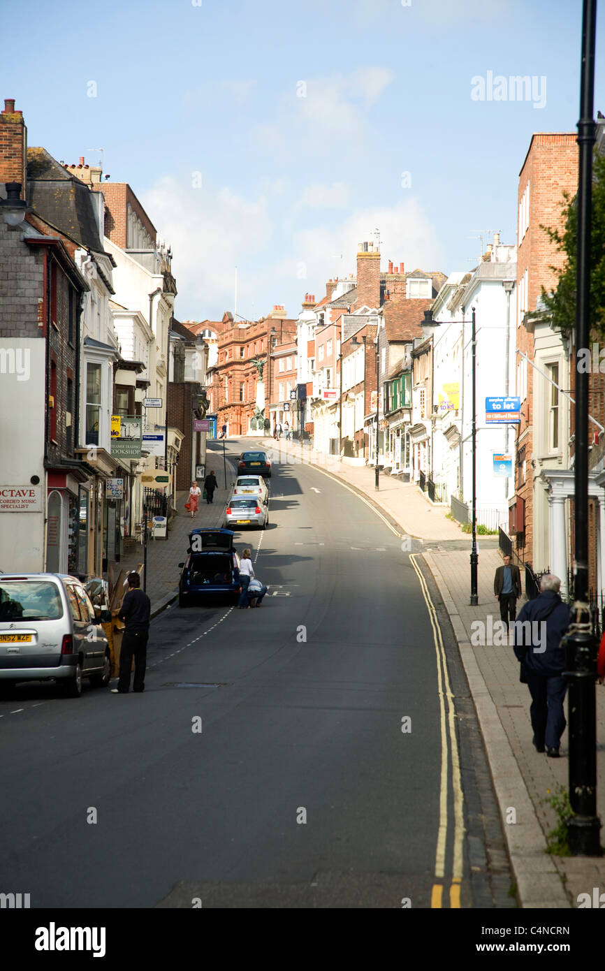 Uphill view of High Street in the town centre of Lewes, East Sussex