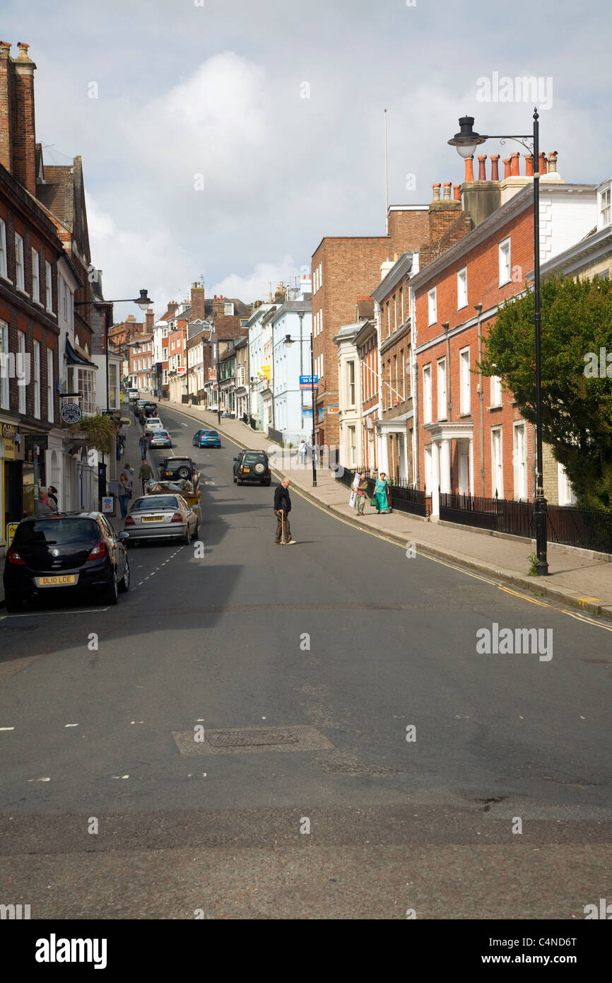 Uphill view of High Street in the town centre of Lewes, East Sussex