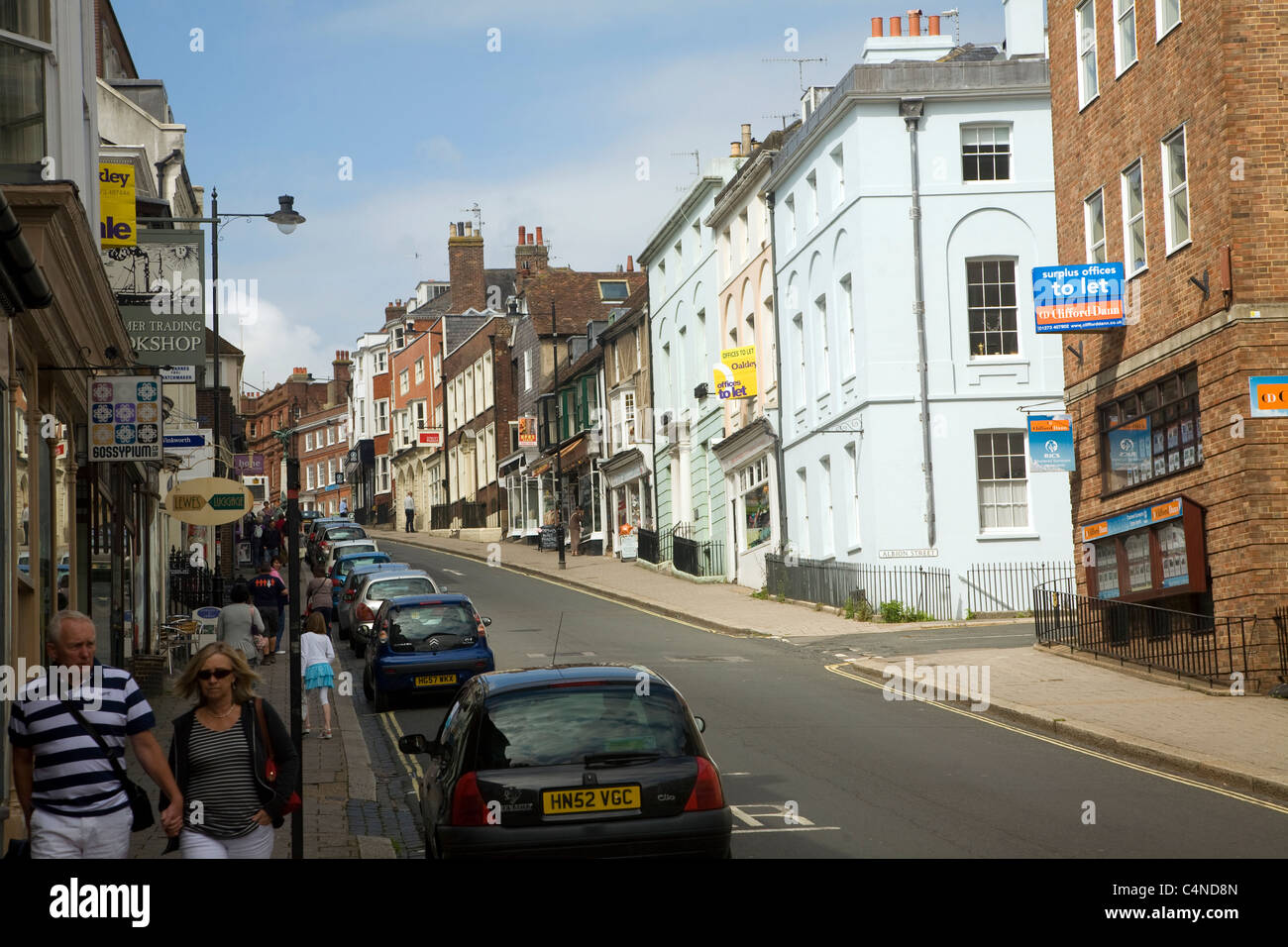 Uphill view of High Street in the town centre of Lewes, East Sussex