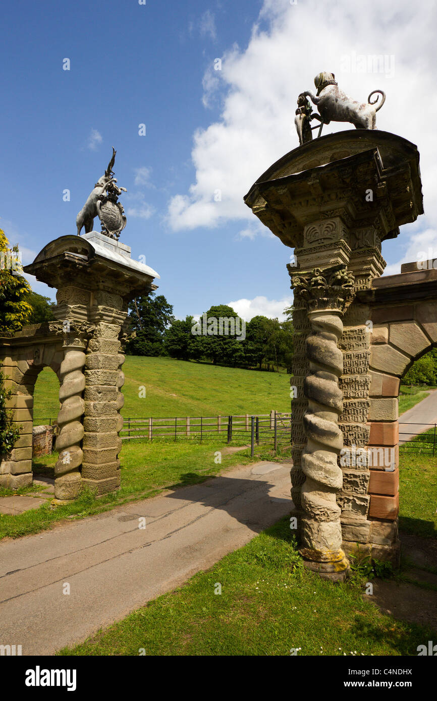 Ornate stone gate pillars, Staunton Harold Estate, Ashby de la Zouch, Leicestershire, England