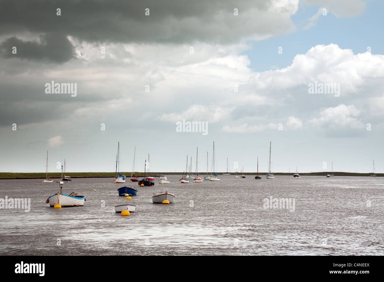 UK Seascape; Yachts moored on Suffolk coast at Orford , Suffolk, UK Stock Photo