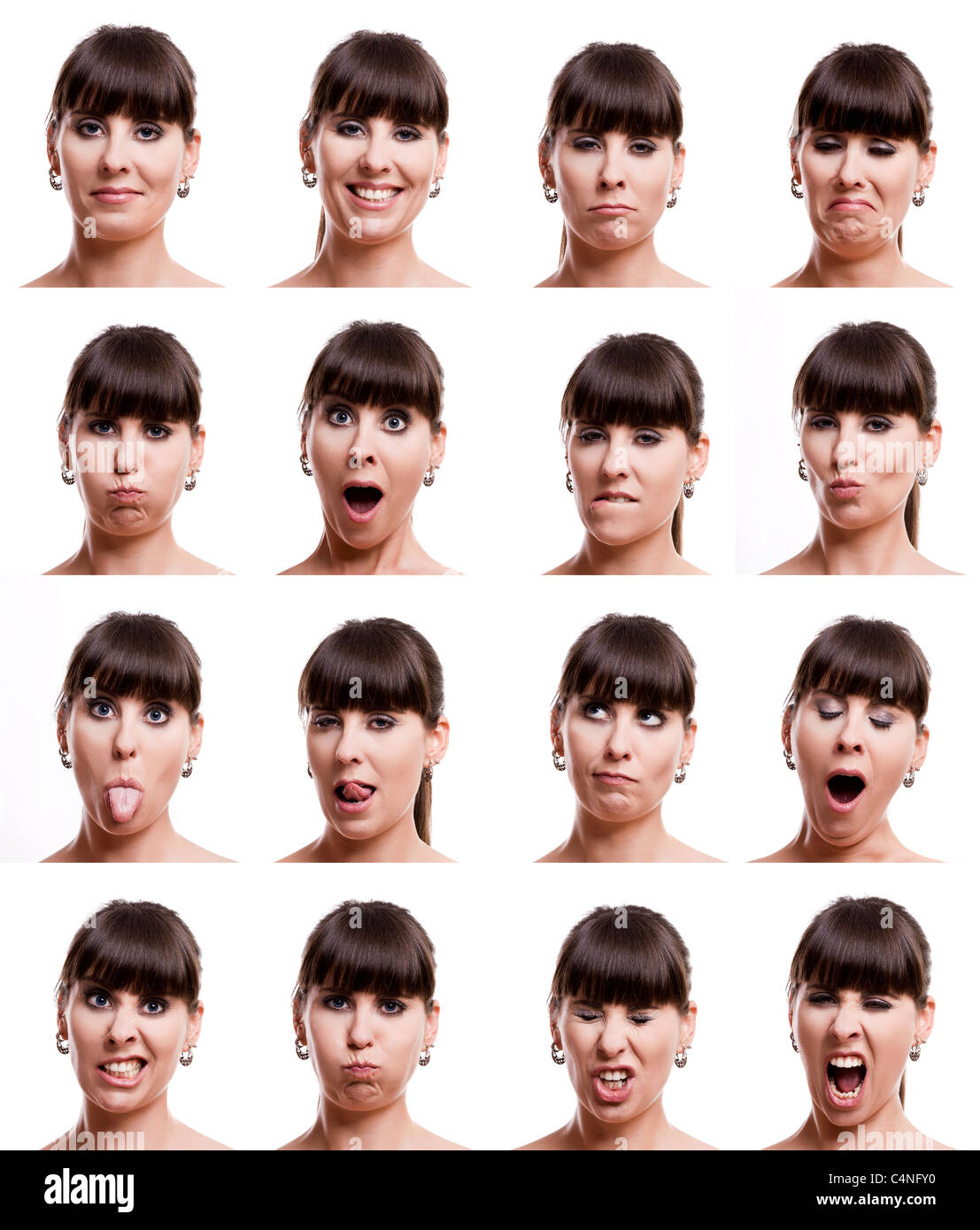 Multiple close-up portraits of the same woman in different emotions and expressions Stock Photo