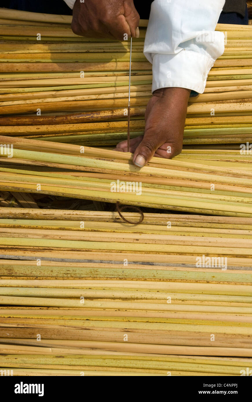 Hands tying reeds together, Isla Flotantes, Puno, Peru Stock Photo - Alamy
