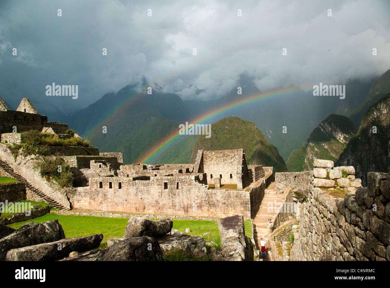 Rainbow over Machu Picchu, Peru Stock Photo